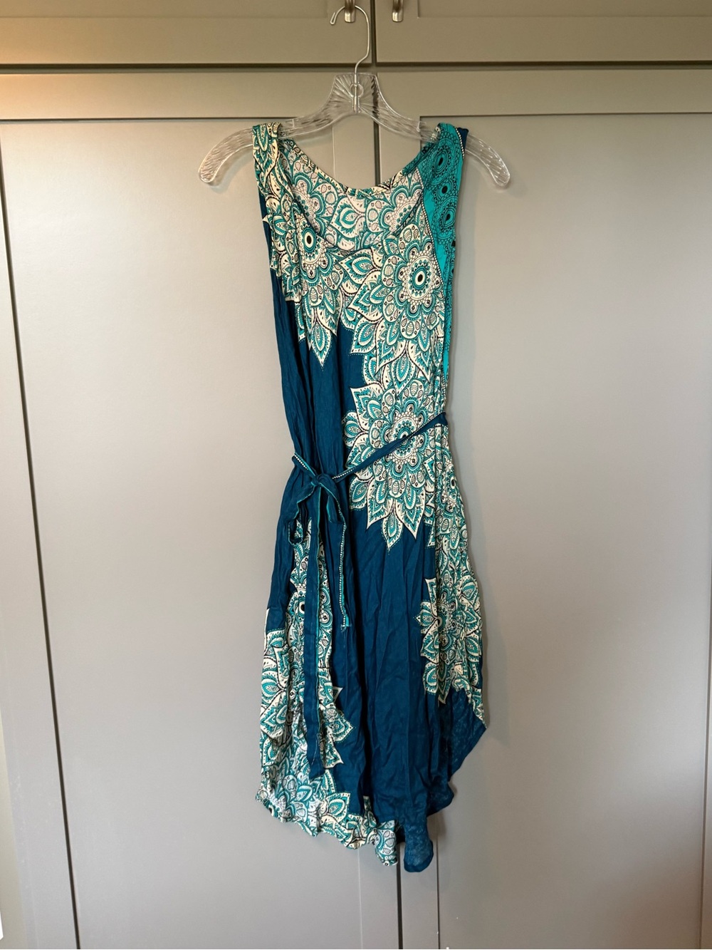 Blue and teal floral print dress with tie waist